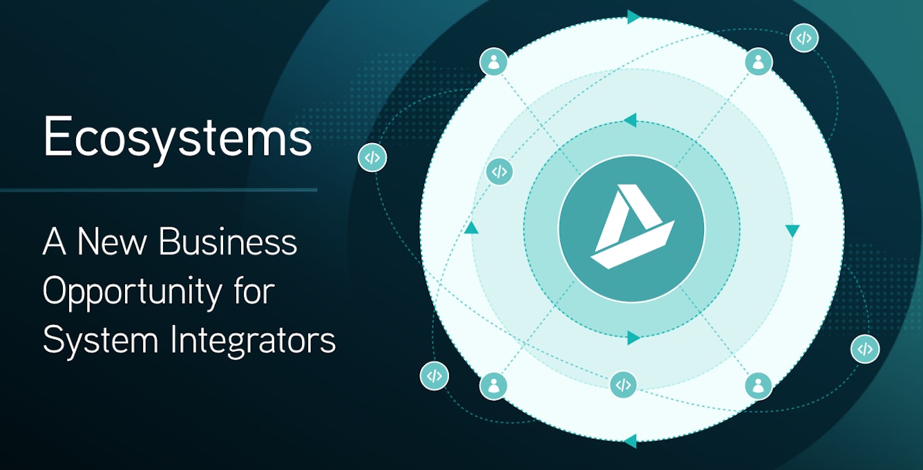 Icons representing the different components of an ecosystem floating and connecting to an AppDirect logo